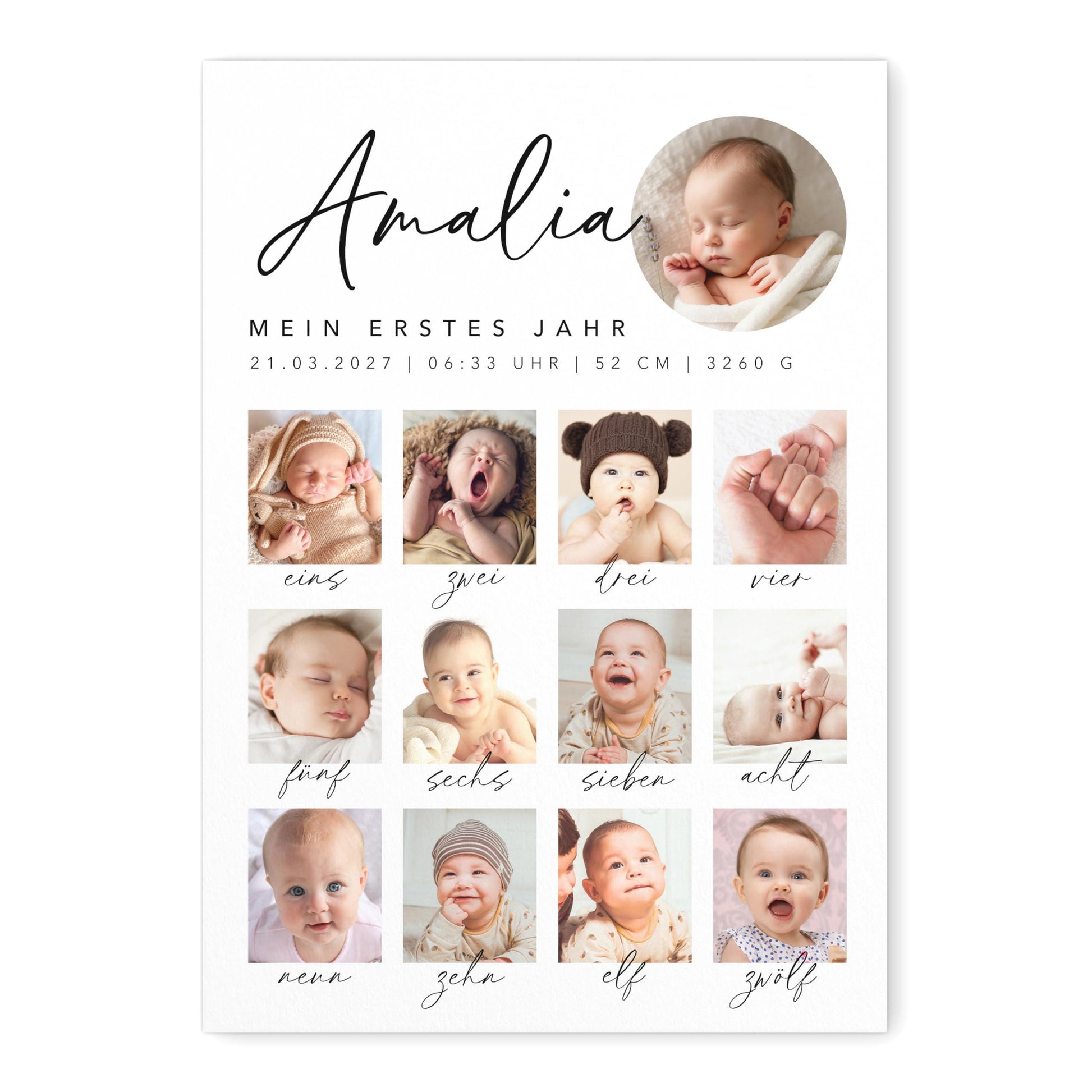 Mein erstes Jahr Bild 12 Monate Baby personalisiertes Geschenk 1. Geburtstag Mädchen Junge Meilenstein Erinnerung (mit oder ohne Rahmen)