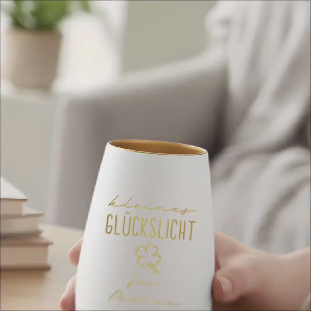 Glückslicht personalisiert Windlicht Glas mit Gravur für Teelicht Kerzenglas Glückskerze Glücksbringer Geschenk (Weiß)