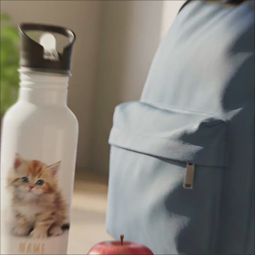 Trinkflasche Kinder personalisiert mit Namen Katze Edelstahl Flasche mit Strohhalm Wasserflasche für Schule Kindergarten 600 ml