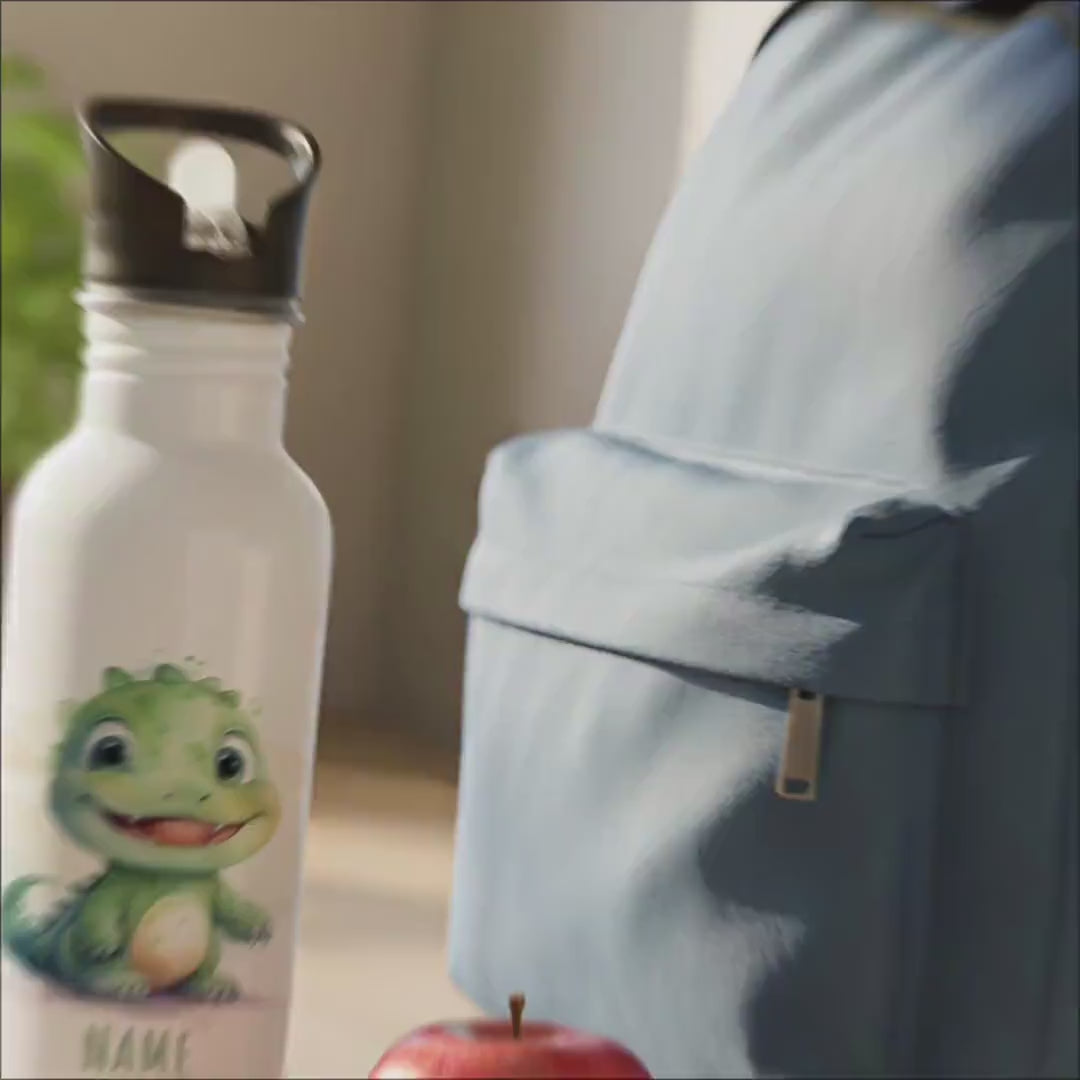 Trinkflasche Kinder personalisiert mit Namen Dino Edelstahl Flasche mit Strohhalm Wasserflasche für Schule Kindergarten 600 ml