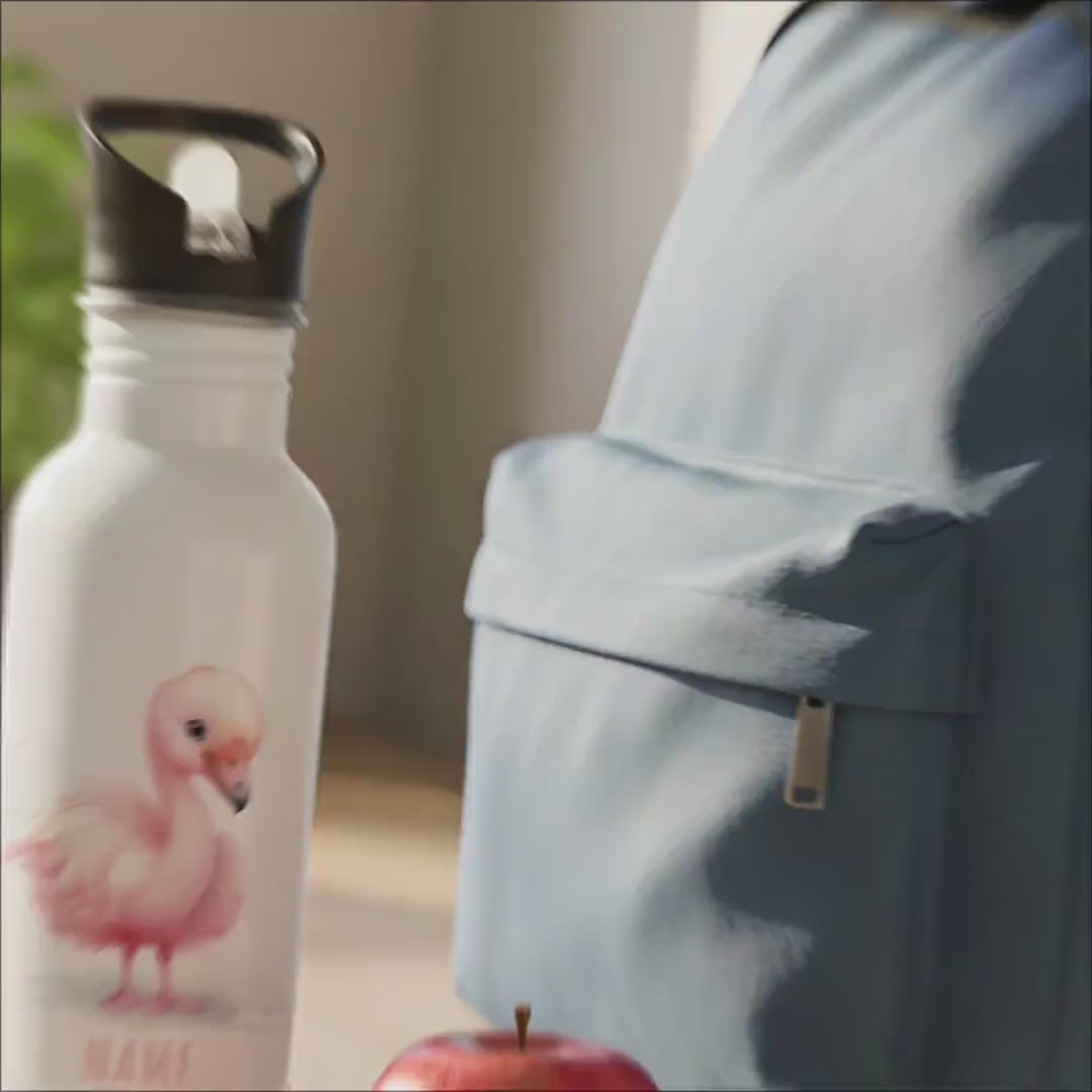Trinkflasche Kinder personalisiert mit Namen Flamingo Edelstahl Flasche mit Strohhalm Wasserflasche für Schule Kindergarten 600 ml