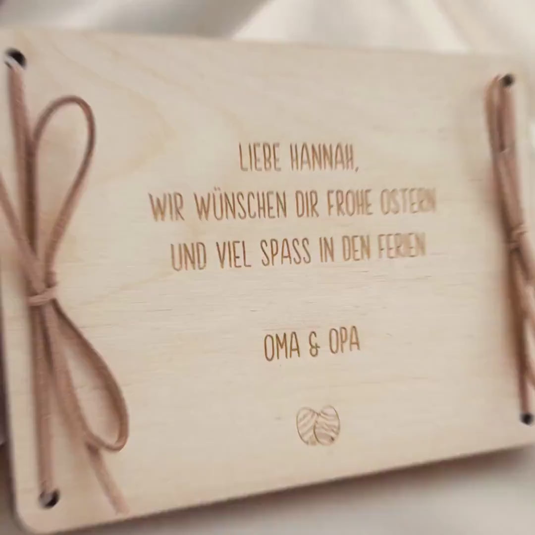 Geldgeschenk Ostern personalisiertes Ostergeschenk Kinder Geld Verpackung Osterkarte Geschenkkarte aus Holz 12x17 cm