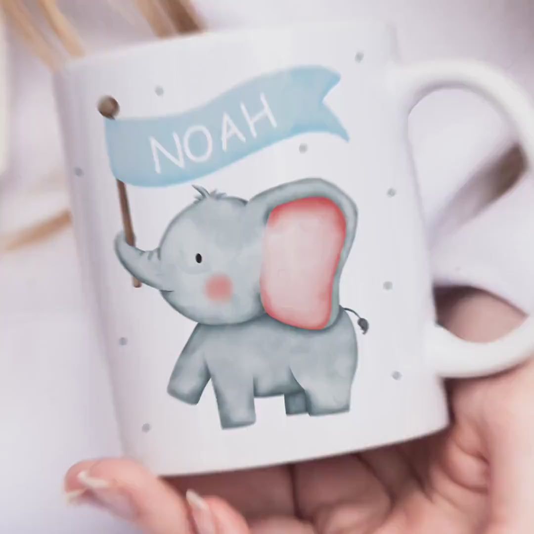 Kindertasse mit Namen Elefant personalisiert für Kinder Mädchen Jungen Geschenk Einschulung Kinderbecher aus Keramik