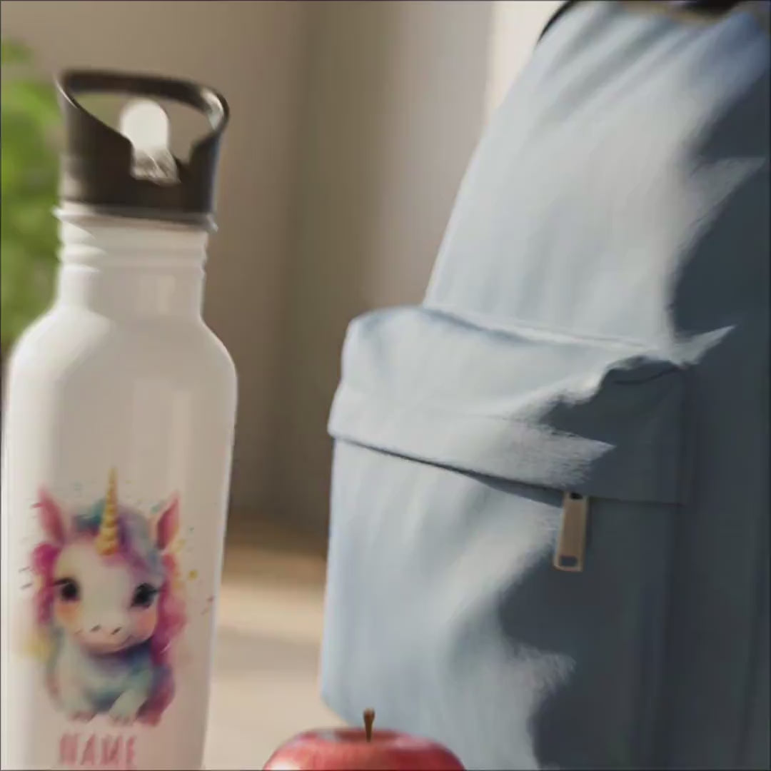 Trinkflasche Kinder personalisiert mit Namen Einhorn Edelstahl Flasche mit Strohhalm Wasserflasche für Schule Kindergarten 600 ml