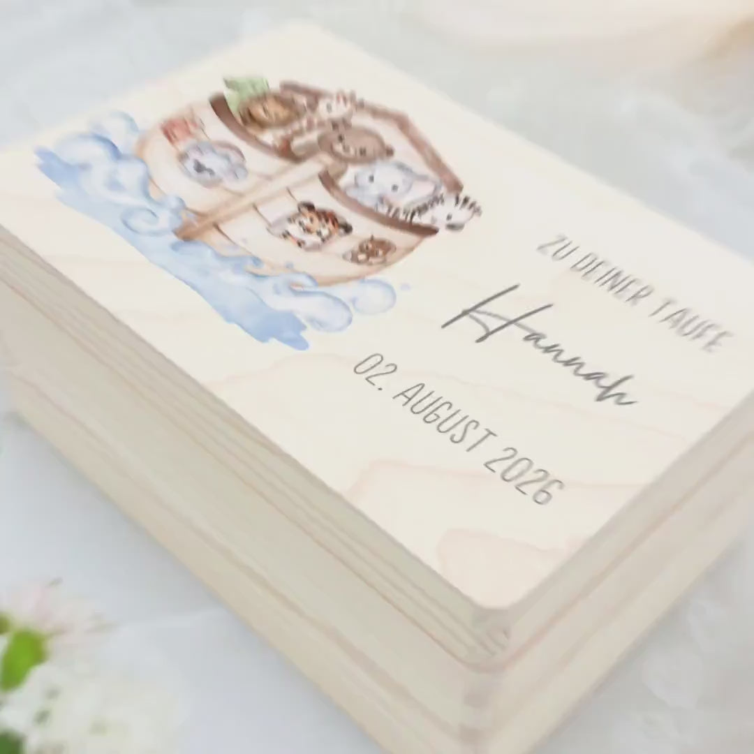 Erinnerungskiste Taufe Geschenk personalisierte Taufbox Taufgeschenk Junge Mädchen Arche Noah Holzkiste mit Deckel Holzbox 30x20x13 cm