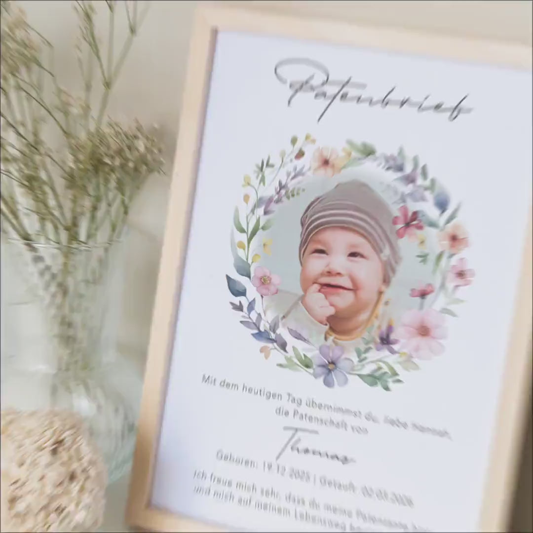 Taufgeschenk Patentante personalisierter Patenbrief Taufe Patenurkunde mit Foto Taufpate Paten Urkunde Taufe Geschenk (mit oder ohne Rahmen)