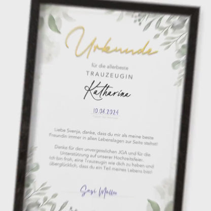 Trauzeugin Danke Geschenk personalisierte Urkunde für Trauzeuge Dankesgeschenk (mit oder ohne Rahmen)