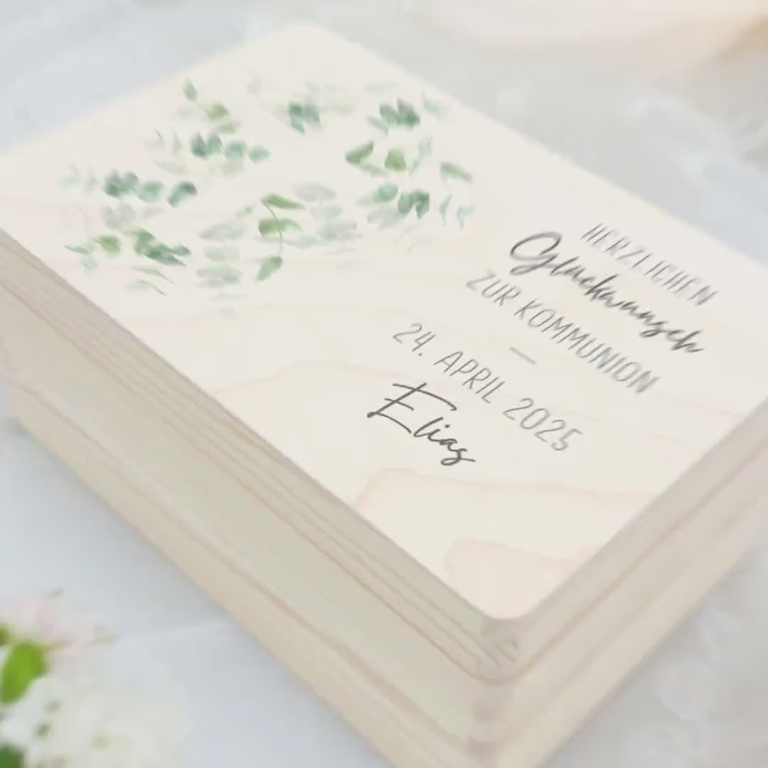 Erinnerungsbox Kommunion Erinnerungskiste Erstkommunion Mädchen Junge personalisierte Geschenk Holzkiste mit Deckel Holzbox 30x20x13 cm