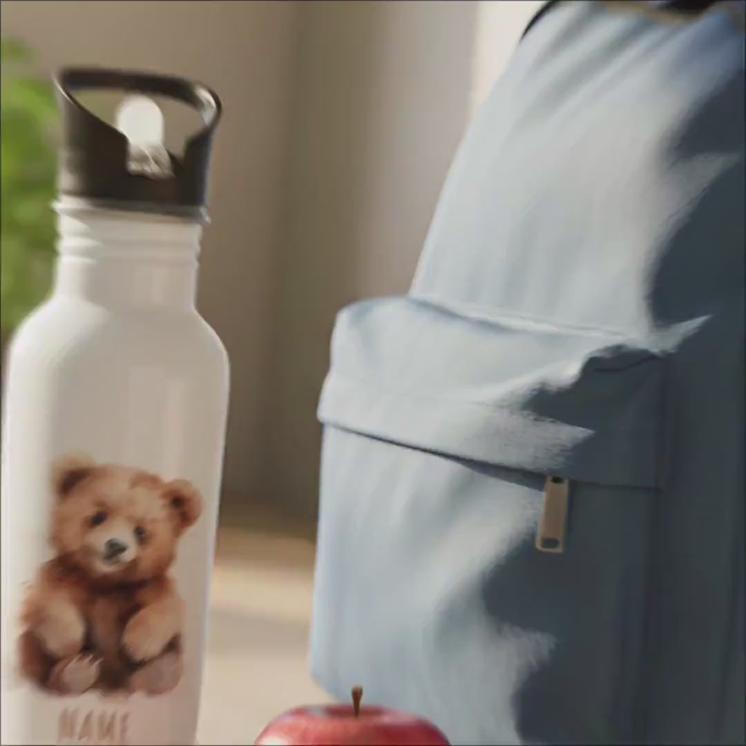 Trinkflasche Kinder personalisiert mit Namen Bäre Edelstahl Flasche mit Strohhalm Wasserflasche für Schule Kindergarten 600 ml