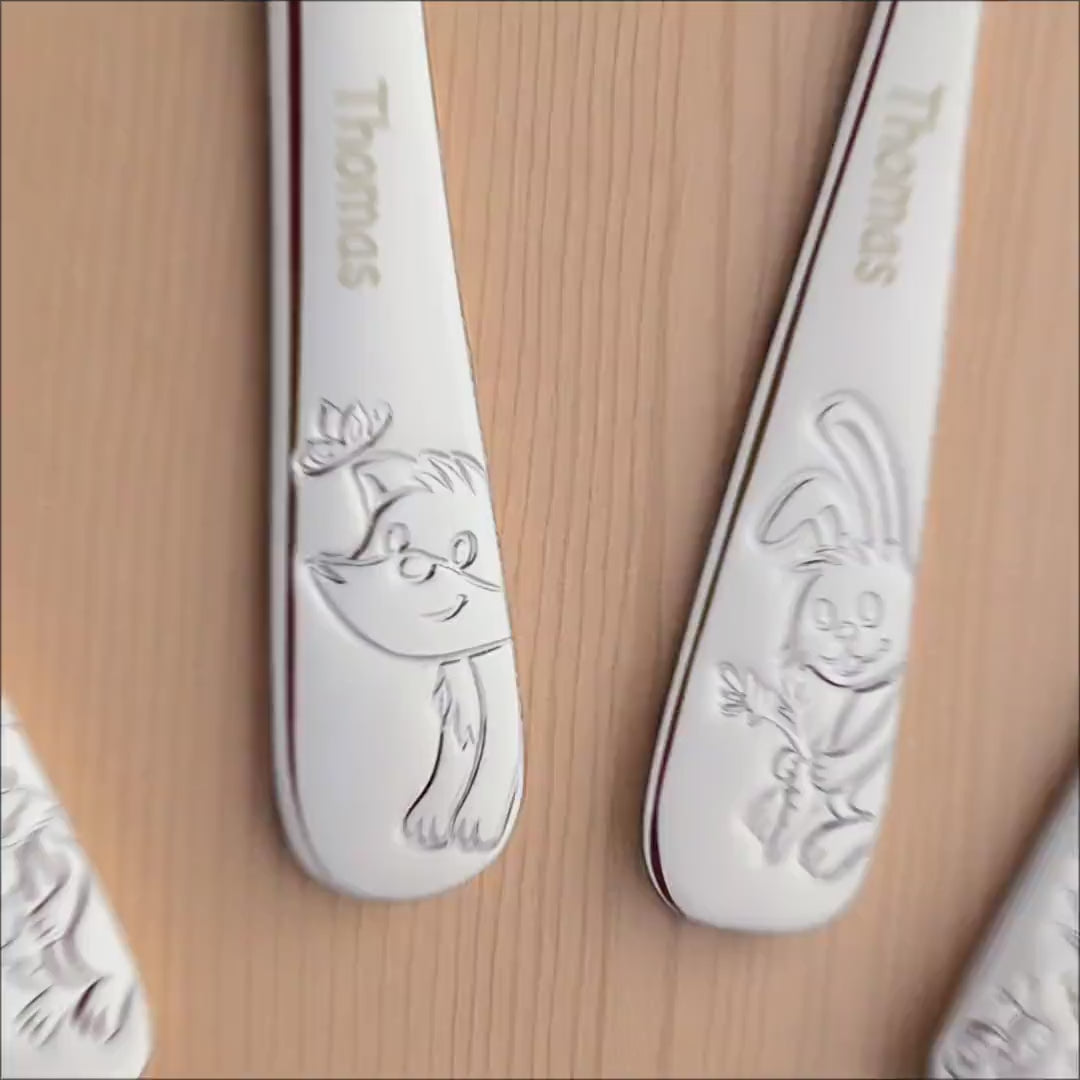 Kinderbesteck mit Gravur personalisiert Kinder Besteck Set ab 3 Jahre Taufgeschenke für Jungen Geschenk Geburtstag Kindergeschirr Waldtiere