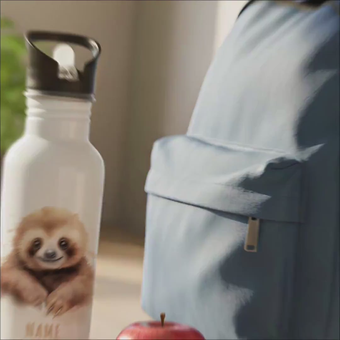 Trinkflasche Kinder personalisiert mit Namen Faultier Edelstahl Flasche mit Strohhalm Wasserflasche für Schule Kindergarten 600 ml