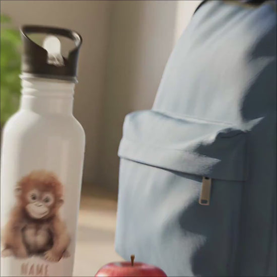 Trinkflasche Kinder personalisiert mit Namen Affe Edelstahl Flasche mit Strohhalm Wasserflasche für Schule Kindergarten 600 ml
