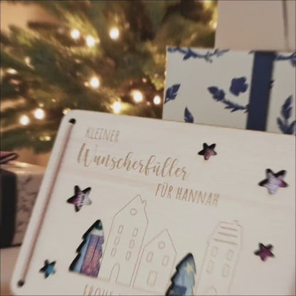 Geldgeschenk Weihnachten Wunscherfüller personalisiert Weihnachtsgeld Verpackung Geschenkkarte Weihnachtskarte aus Holz 12x17 cm
