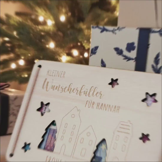 Geldgeschenk Weihnachten Wunscherfüller personalisiert Weihnachtsgeld Verpackung Geschenkkarte Weihnachtskarte aus Holz 12x17 cm