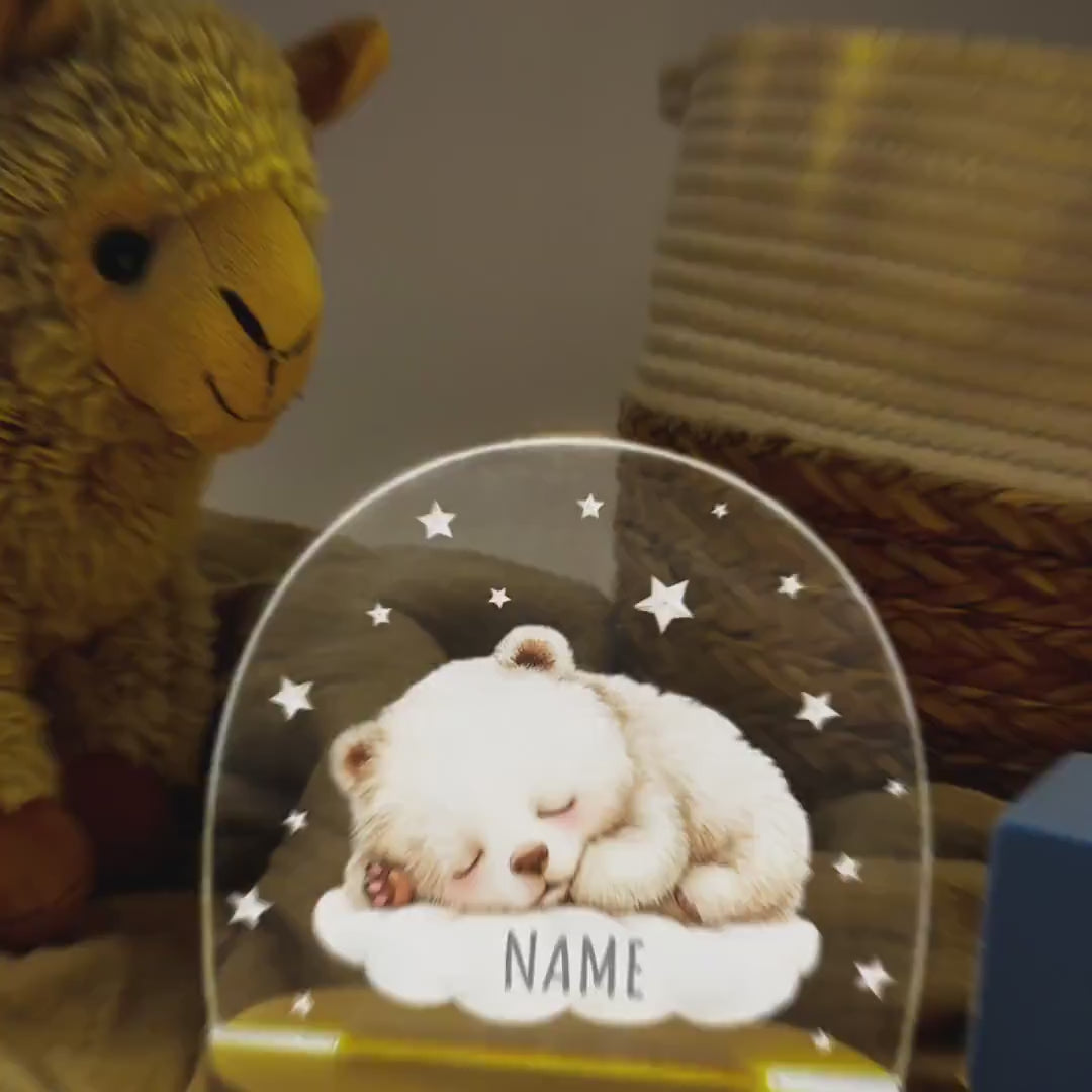 Nachtlicht Baby Kinder personalisiert Geschenk zur Geburt Babyzimmer Deko Bär Kinderzimmer Nachtlampe Inkl. Holzfuß & Netzteil