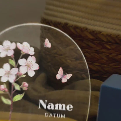 Geburtsgeschenk Mädchen Nachtlicht Baby personalisiert Monatsblume Geschenk zur Geburt Nachtlampe inkl. Holzfuß & Netzteil | Mai