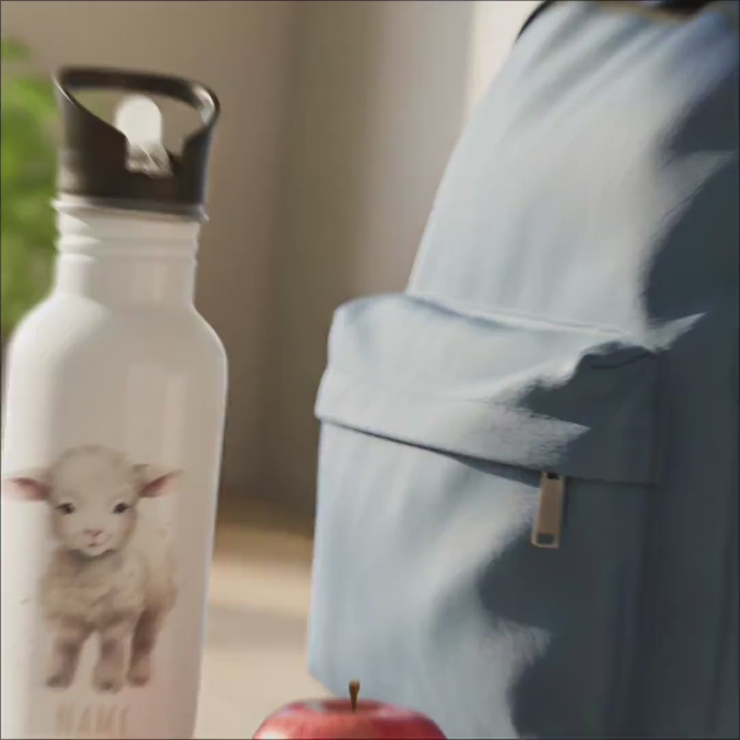Trinkflasche Kinder personalisiert mit Namen Schaf Edelstahl Flasche mit Strohhalm Wasserflasche für Schule Kindergarten 600 ml