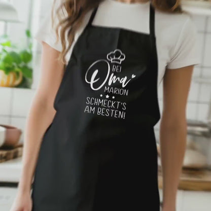 Oma Schürze personalisiert Kochschürze Damen Geschenk Geburtstag Großmutter Küchenschürze Muttertagsgeschenk Backschürze Schwarz