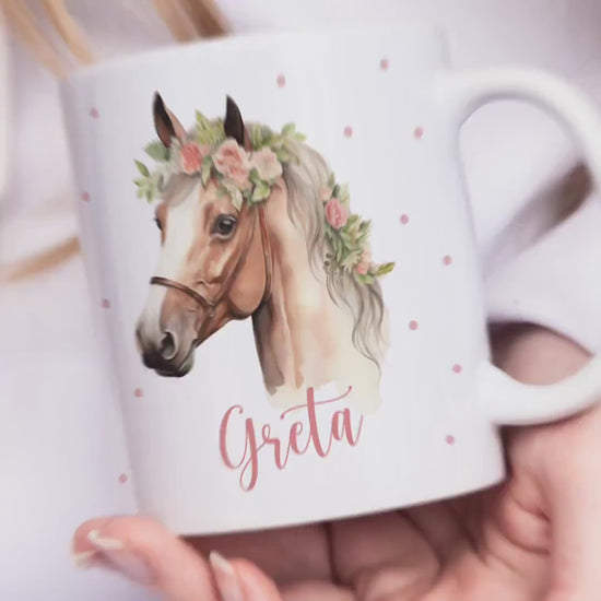 Pferde Geschenk für Mädchen Kindertasse mit Namen Pferd personalisiert für Kinder Kinderbecher aus Keramik