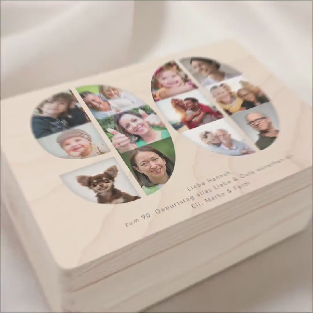 Holzkiste personalisiert 90. Geburtstag Geschenk Holzbox mit Fotocollage Geschenkbox mit Deckel Fotogeschenk Geburtstagsgeschenk 30x20x13 cm