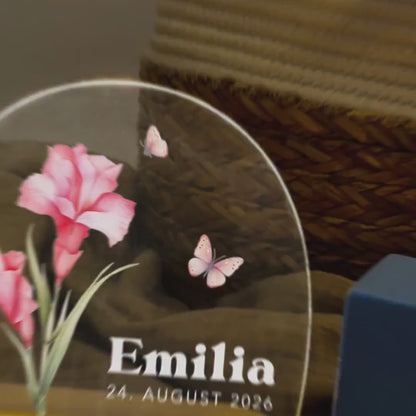 Geburtsgeschenk Mädchen Nachtlicht Baby personalisiert Monatsblume Geschenk zur Geburt Nachtlampe inkl. Holzfuß & Netzteil | August