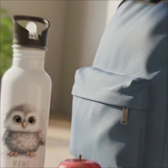 Trinkflasche Kinder personalisiert mit Namen Eule Edelstahl Flasche mit Strohhalm Wasserflasche für Schule Kindergarten 600 ml