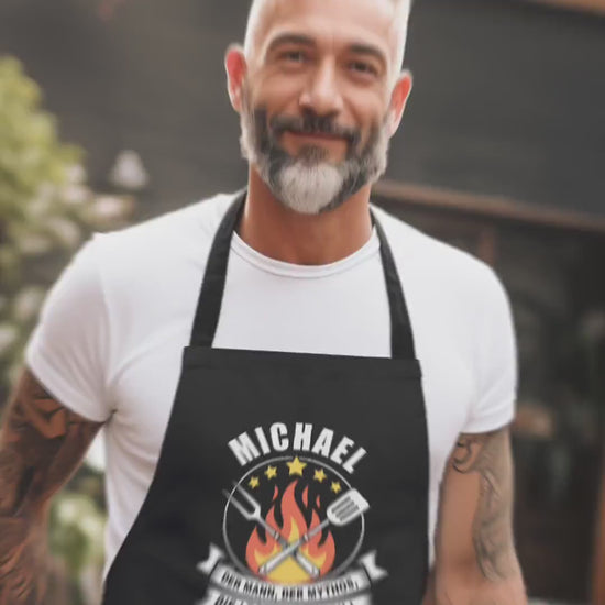 Grillschürze personalisiert für Männer Kochschürze Herren lustiges Grillzubehör Geschenk Grillgeschenk Mann Grillmeister Schürze Schwarz