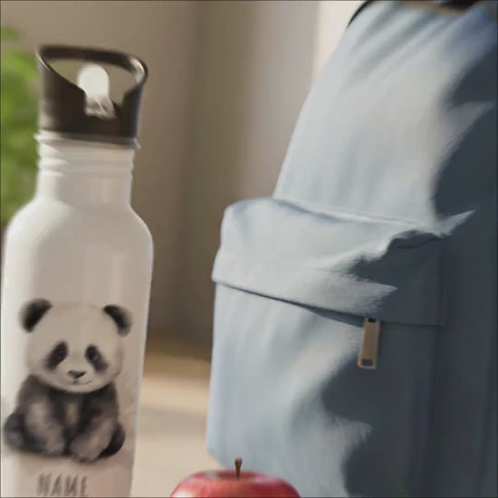 Trinkflasche Kinder personalisiert mit Namen Panda Edelstahl Flasche mit Strohhalm Wasserflasche für Schule Kindergarten 600 ml