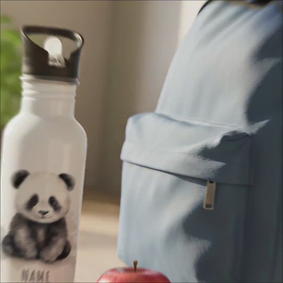 Trinkflasche Kinder personalisiert mit Namen Panda Edelstahl Flasche mit Strohhalm Wasserflasche für Schule Kindergarten 600 ml