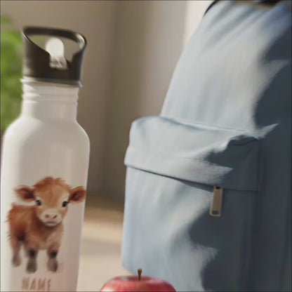 Trinkflasche Kinder personalisiert mit Namen Kuh Edelstahl Flasche mit Strohhalm Wasserflasche für Schule Kindergarten 600 ml