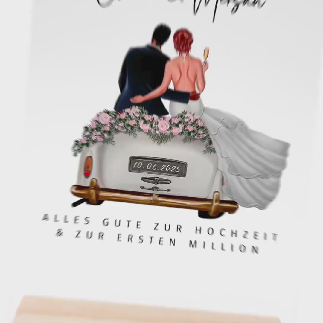 Erste Million Hochzeit Geldgeschenk personalisiert Acrylglas Bild Hochzeitsgeschenk Geld Geschenk für Brautpaar 20x30 cm inkl. Holzfuß