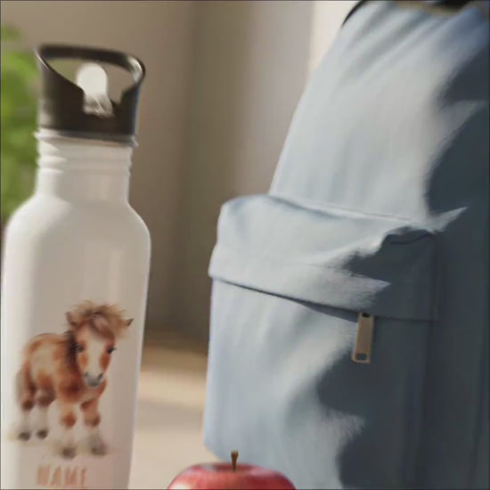 Trinkflasche Kinder personalisiert mit Namen Pferd Edelstahl Flasche mit Strohhalm Wasserflasche für Schule Kindergarten 600 ml