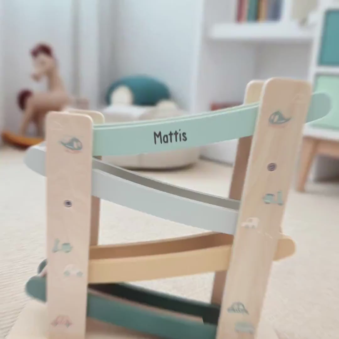 Kugelbahn Holz mit Autos personalisiert Autorampe Baby Geschenk Babygeschenk Taufgeschenk für Mädchen Jungen Geburtsgeschenk