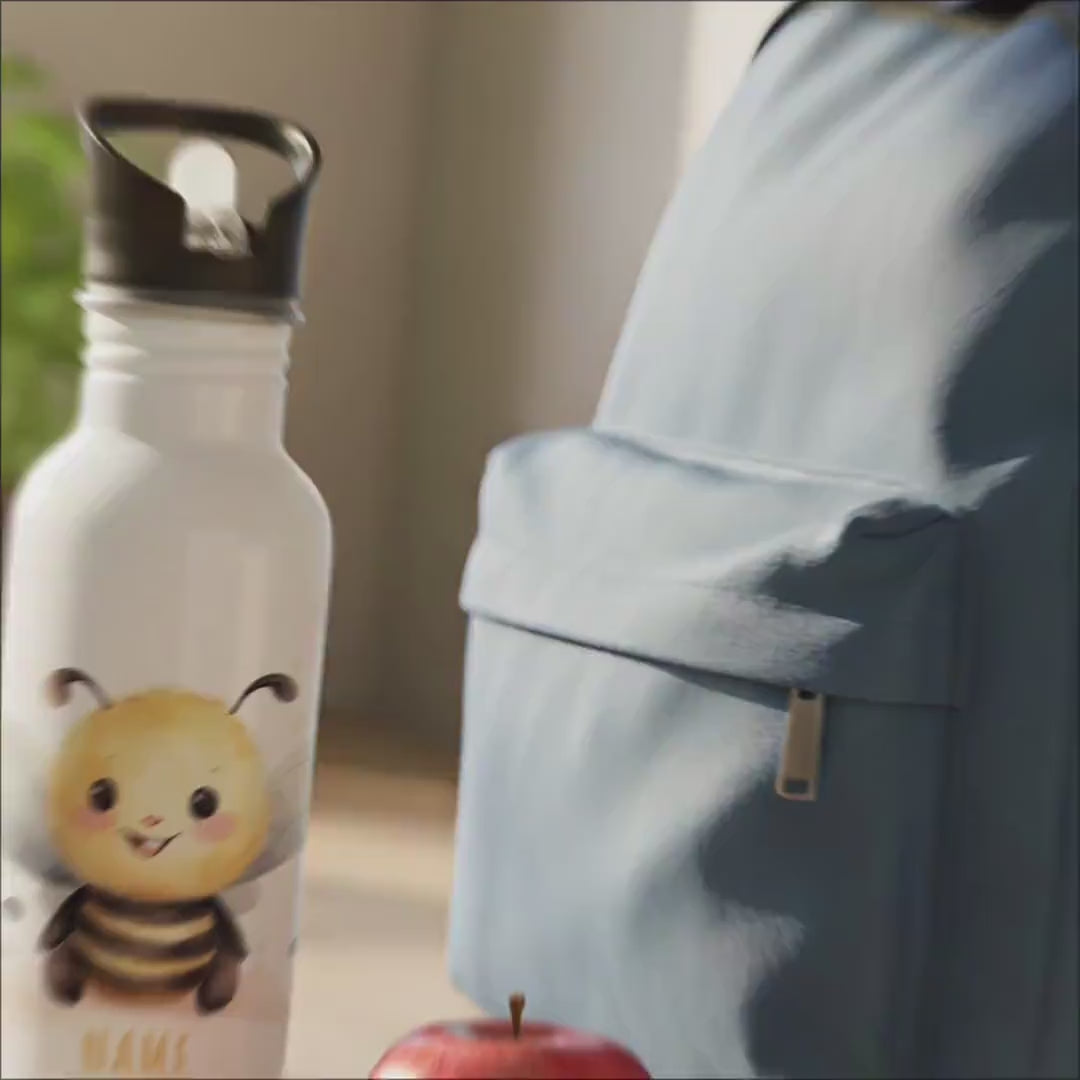 Trinkflasche Kinder personalisiert mit Namen Biene Edelstahl Flasche mit Strohhalm Wasserflasche für Schule Kindergarten 600 ml
