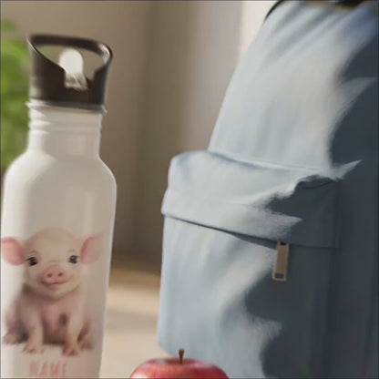 Trinkflasche Kinder personalisiert mit Namen Schwein Edelstahl Flasche mit Strohhalm Wasserflasche für Schule Kindergarten 600 ml