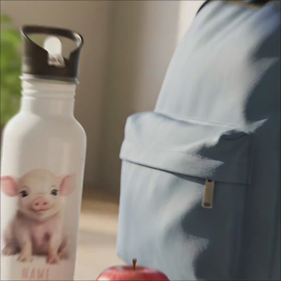 Trinkflasche Kinder personalisiert mit Namen Schwein Edelstahl Flasche mit Strohhalm Wasserflasche für Schule Kindergarten 600 ml