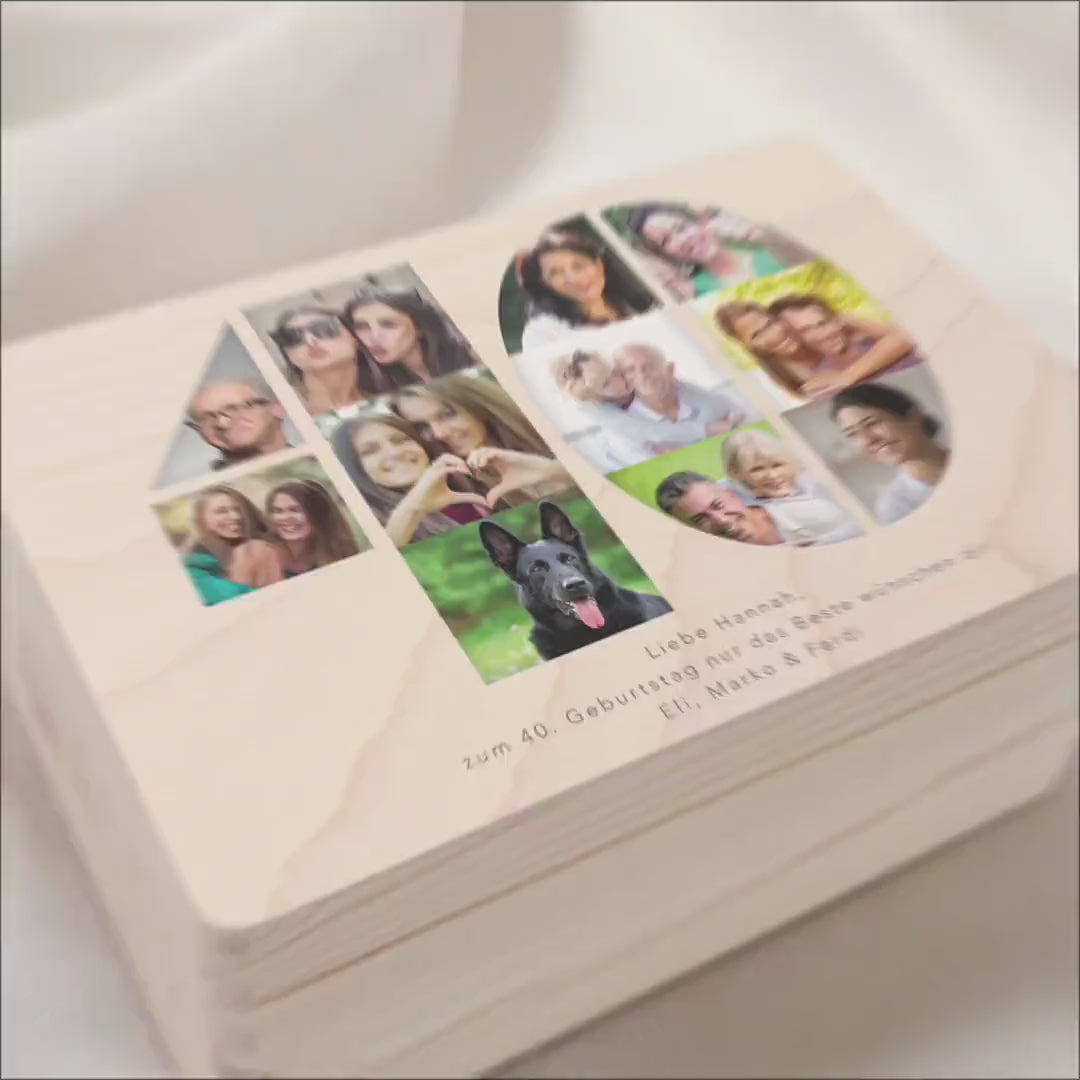 Holzkiste personalisiert 40. Geburtstag Geschenk Holzbox mit Fotocollage Geschenkbox mit Deckel Fotogeschenk Geburtstagsgeschenk 30x20x13 cm