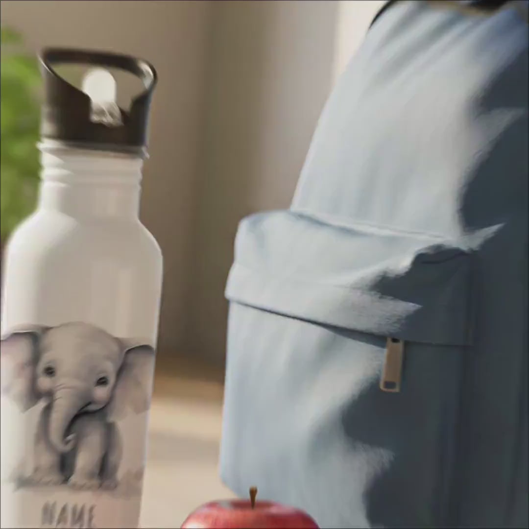 Trinkflasche Kinder personalisiert mit Namen Elefant Edelstahl Flasche mit Strohhalm Wasserflasche für Schule Kindergarten 600 ml