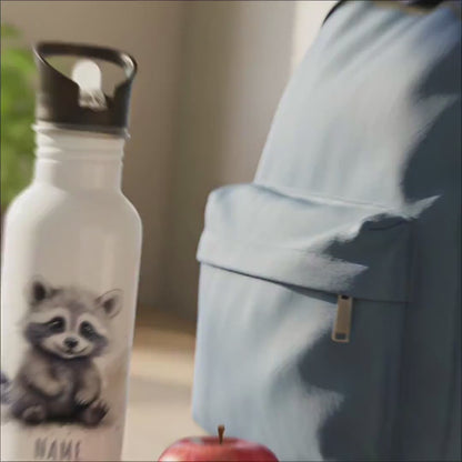 Trinkflasche Kinder personalisiert mit Namen Waschbär Edelstahl Flasche mit Strohhalm Wasserflasche für Schule Kindergarten 600 ml