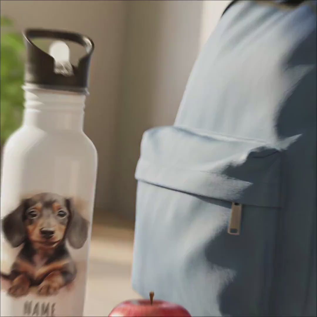 Trinkflasche Kinder personalisiert mit Namen Dackel Edelstahl Flasche mit Strohhalm Wasserflasche für Schule Kindergarten 600 ml