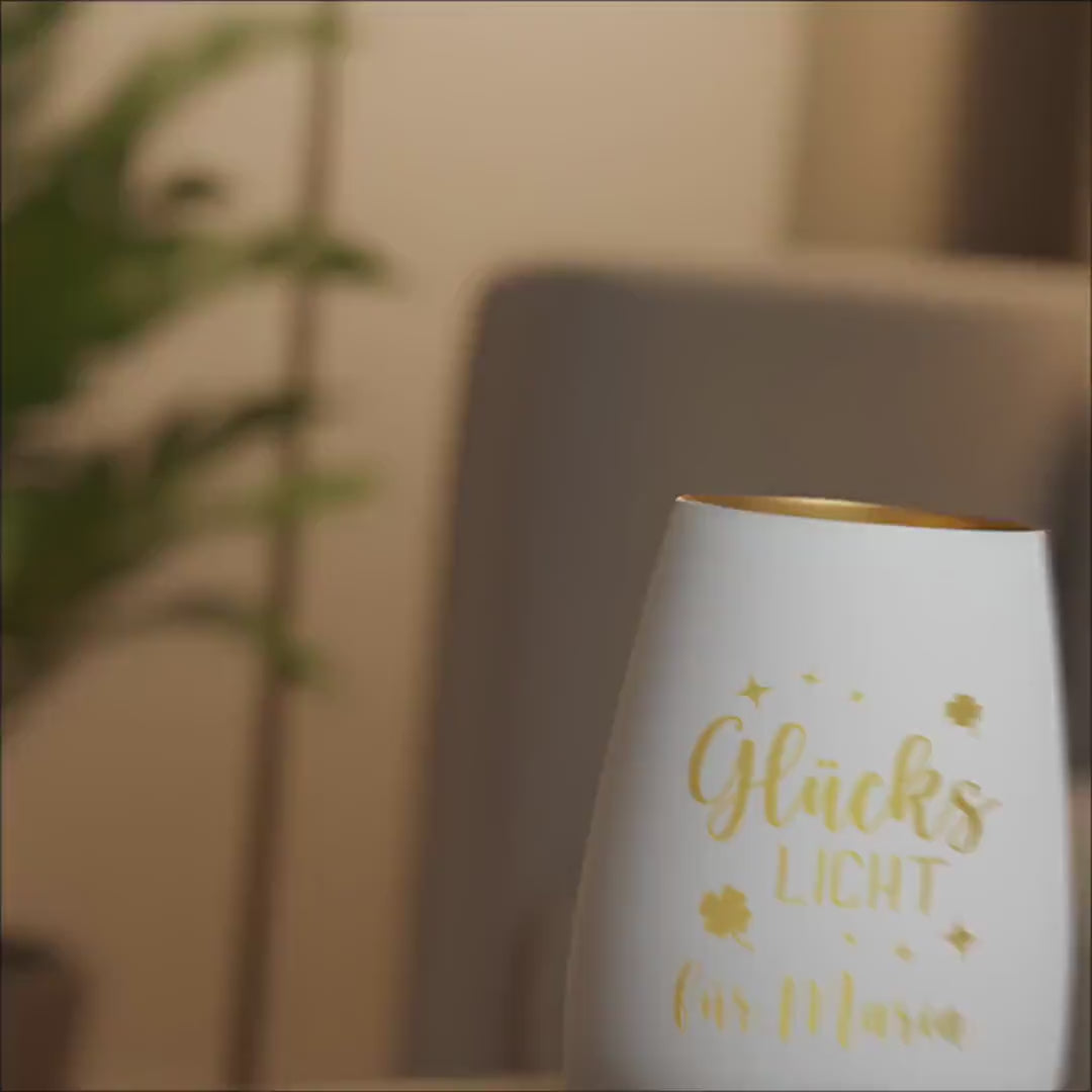 Glückslicht personalisiert Windlicht Glas mit Gravur für Teelicht Kerzenglas Glückskerze Glücksbringer Geschenk (Weiß)
