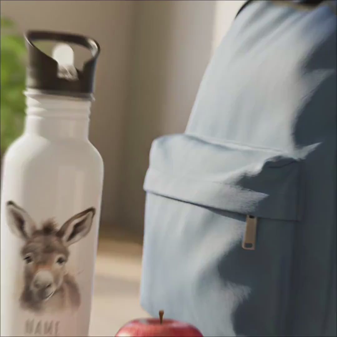 Trinkflasche Kinder personalisiert mit Namen Esel Edelstahl Flasche mit Strohhalm Wasserflasche für Schule Kindergarten 600 ml
