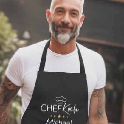 Kochschürze Mann Schürze Chefkoch personalisiert Küchenschürze Männer Geschenk Koch Grillschürze Schwarz