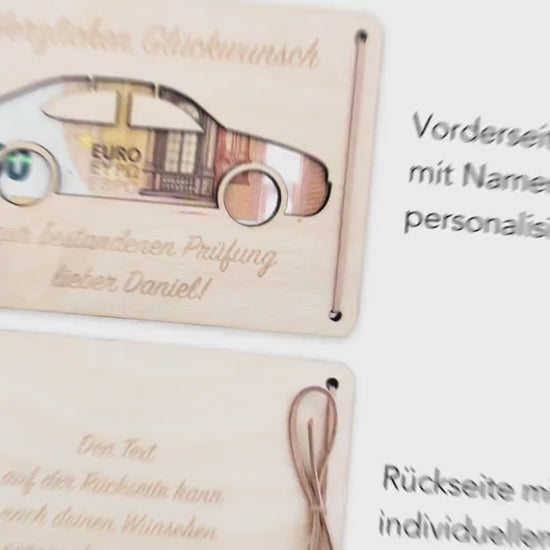Führerschein bestanden Geschenk personalisierte Geldgeschenk Verpackung Autoführerschein bestanden Glückwunschkarte aus Holz 12x17 cm