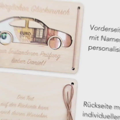 Führerschein bestanden Geschenk personalisierte Geldgeschenk Verpackung Autoführerschein bestanden Glückwunschkarte aus Holz 12x17 cm