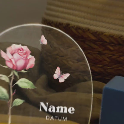 Geburtsgeschenk Mädchen Nachtlicht Baby personalisiert Monatsblume Geschenk zur Geburt Nachtlampe inkl. Holzfuß & Netzteil | Juni