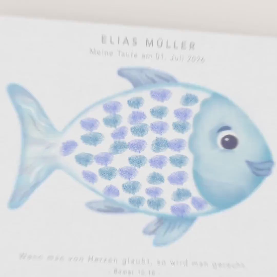 Gästebuch Taufe Gästebild Taufgeschenk personalisierte Leinwand für Fingerabdrücke Fisch Geschenk Erinnerung 30x40 cm (OHNE Farbe)