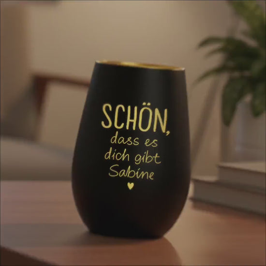 Schön dass es Dich gibt Geschenk Freundin Windlicht personalisiert Teelicht Kerzenglas mit Gravur (Schwarz)