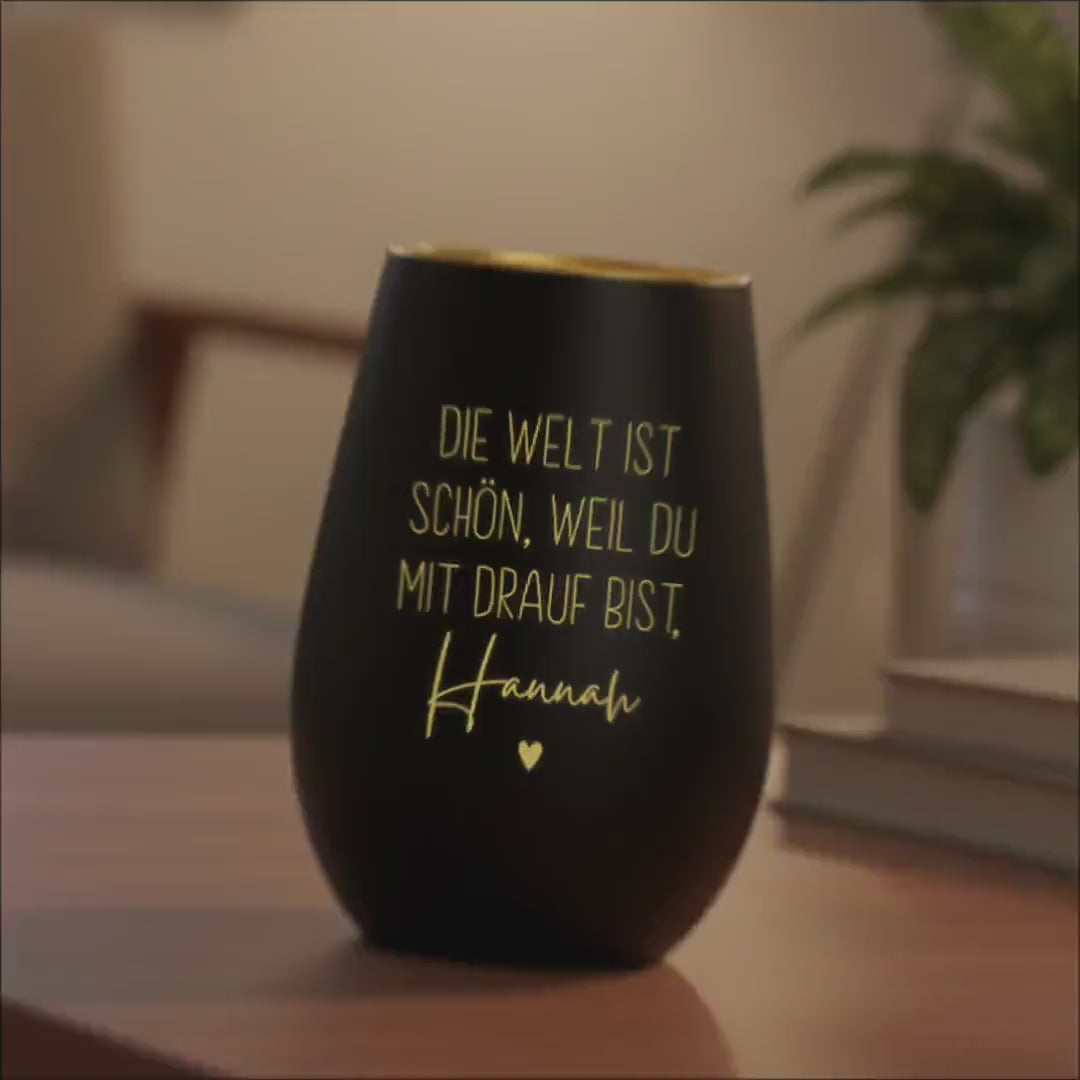 Die Welt ist schön Weil du mit Drauf bist Windlicht personalisiert Geschenk Freundin Frau Teelicht Kerzenglas mit Gravur (Schwarz)