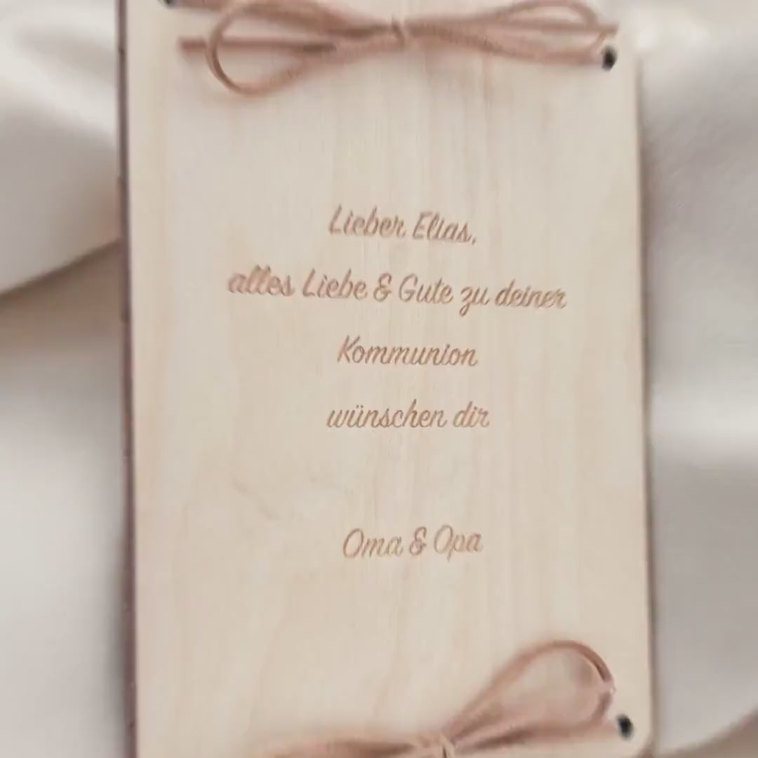 Kommunion Geldgeschenk personalisierte Geld Verpackung Erstkommunion Geschenk Junge Mädchen Geschenkkarte aus Holz 12x17 cm